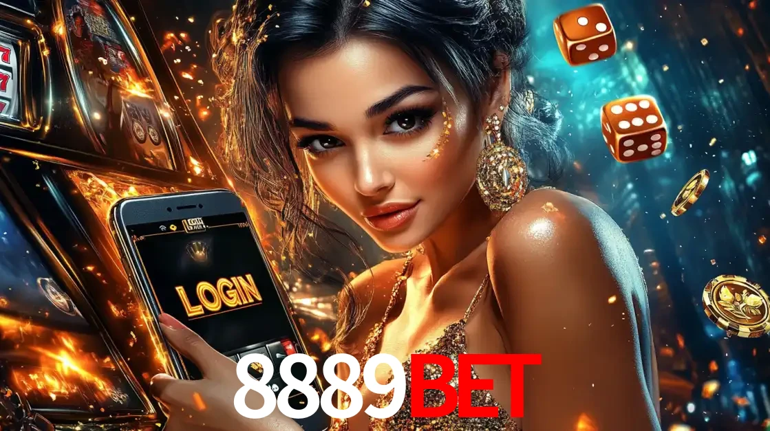 Mulher glamourosa segurando um celular com a tela de login do cassino 8889bet, rodeada por dados e moedas douradas, pronta para começar a diversão.