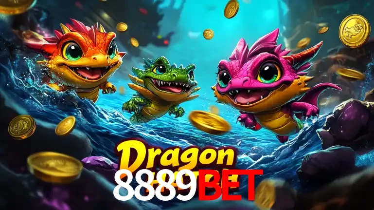 Arte promocional do jogo Dragon Hatch com três adoráveis dragões bebês nadando entre moedas de ouro, um dos slots mais divertidos para jogar no cassino 8889bet.
