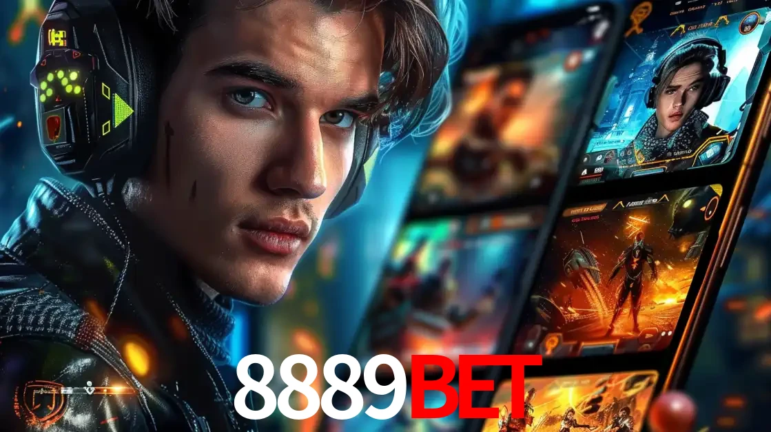Jovem jogador com fones de ouvido olhando para a câmera, com um aplicativo de jogos e e-sports para celular ao fundo, pronto para a competição e apostas no 8889bet.