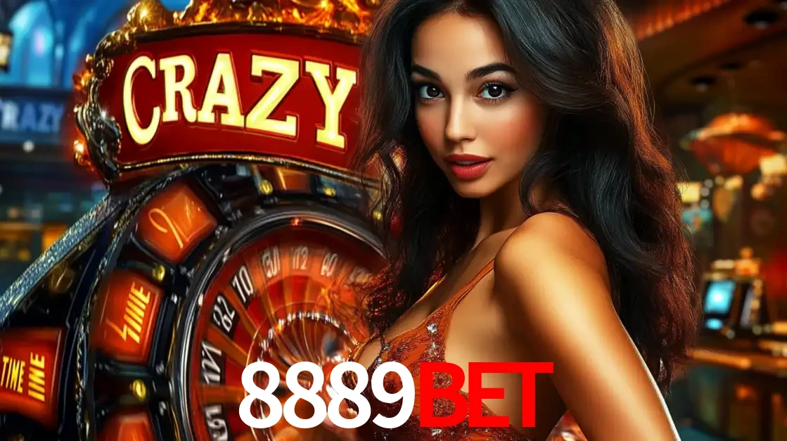 Mulher glamourosa olhando para a câmera com a roda vermelha do Crazy Time ao fundo em um ambiente de cassino, destacando a emoção dos jogos ao vivo no 8889bet.