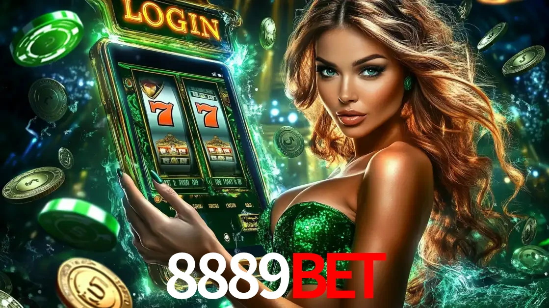 Mulher com tema verde apresentando o aplicativo do cassino 8889bet com um jogo de slot de 777, cercada por fichas de cassino e uma aura de sorte.