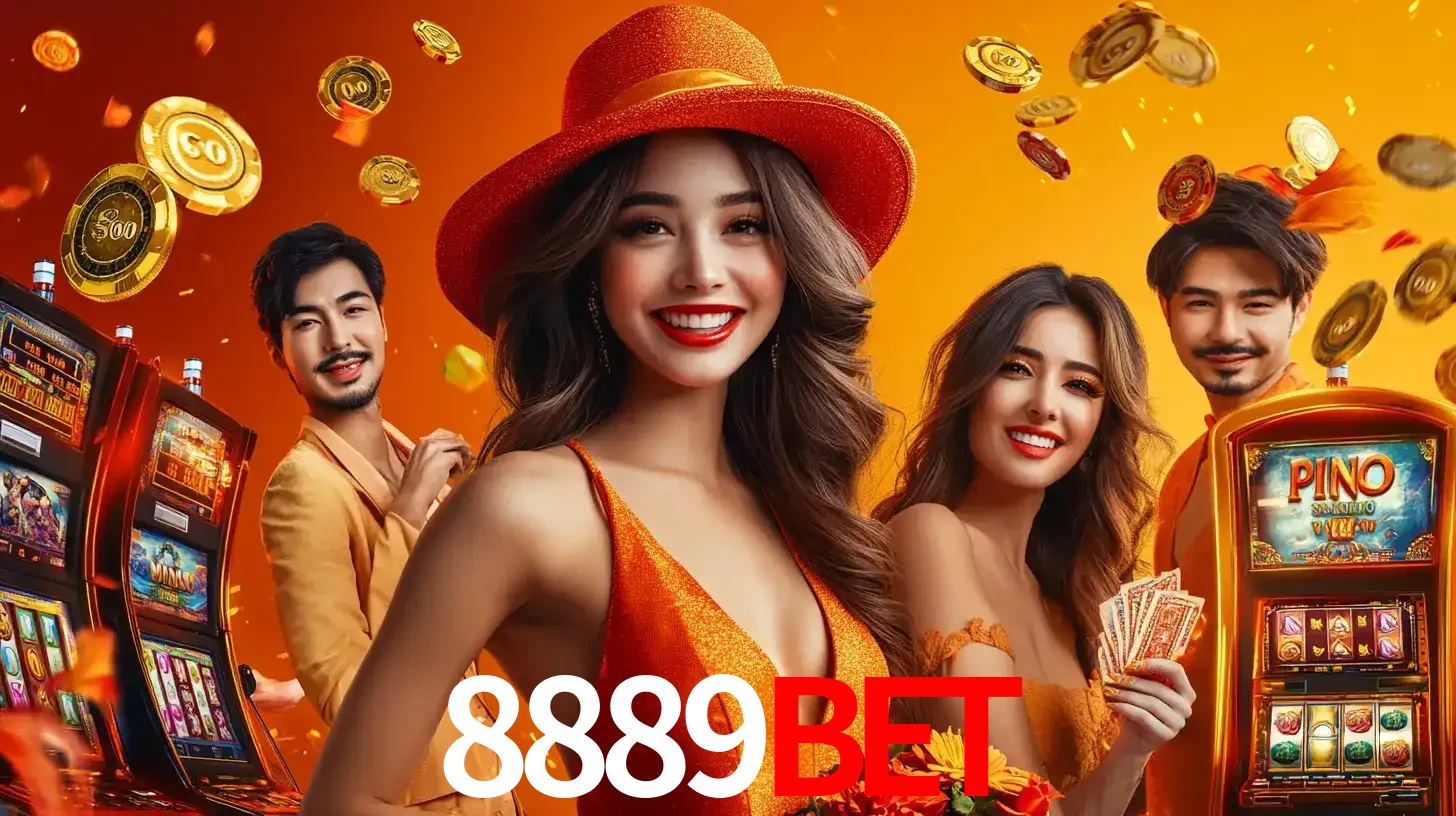 Grupo de amigos asiáticos sorrindo e se divertindo com máquinas de caça-níqueis em um ambiente festivo, celebrando suas vitórias nos jogos de cassino do 8889bet.