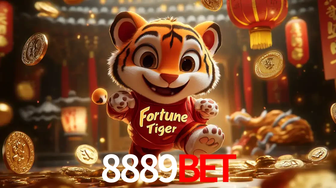 O alegre personagem do Fortune Tiger correndo sobre um caminho de moedas de ouro, simbolizando os grandes prêmios e a diversão do popular jogo de slot do 8889bet.