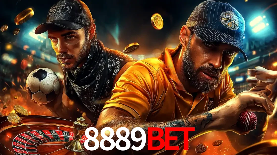 Montagem de apostas esportivas e cassino no 8889bet, com um homem segurando uma bola de futebol e outro uma de beisebol sobre uma roleta e moedas voadoras.