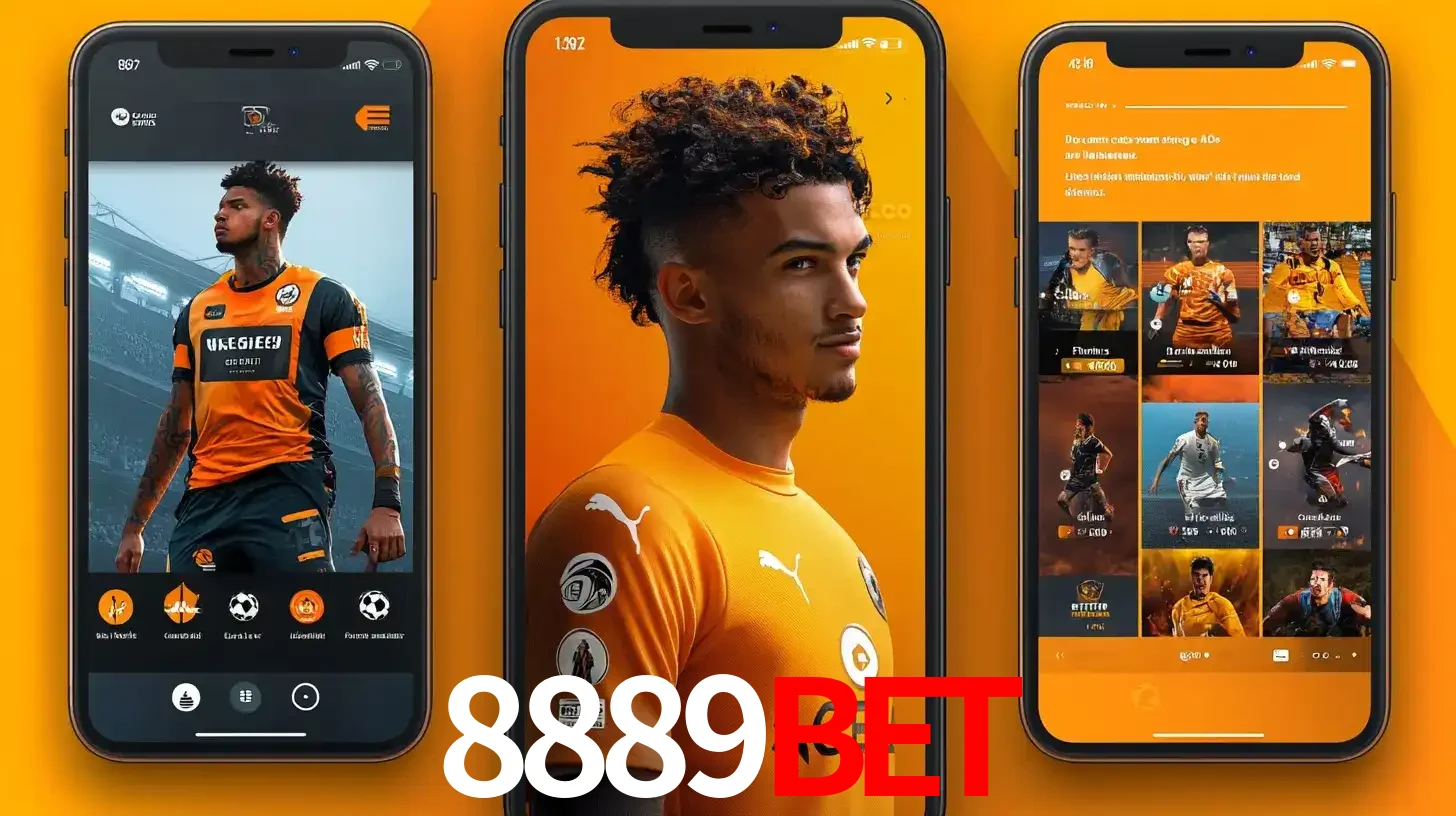 Interface do aplicativo de apostas esportivas 8889bet em três telas de celular, mostrando o perfil de um jogador de futebol e a lista de jogos disponíveis para apostar.