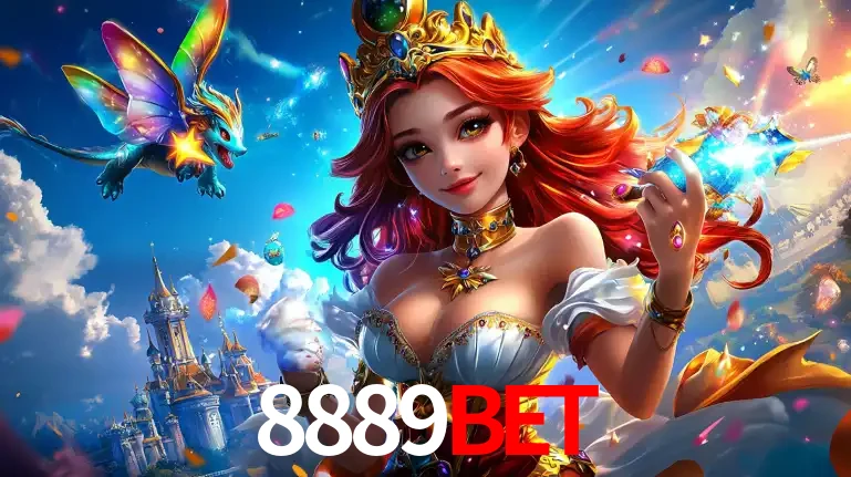A princesa de um reino de fantasia mágico, com seu pequeno dragão, apresentando um mundo de prêmios encantados nos jogos de caça-níqueis do cassino 8889bet.