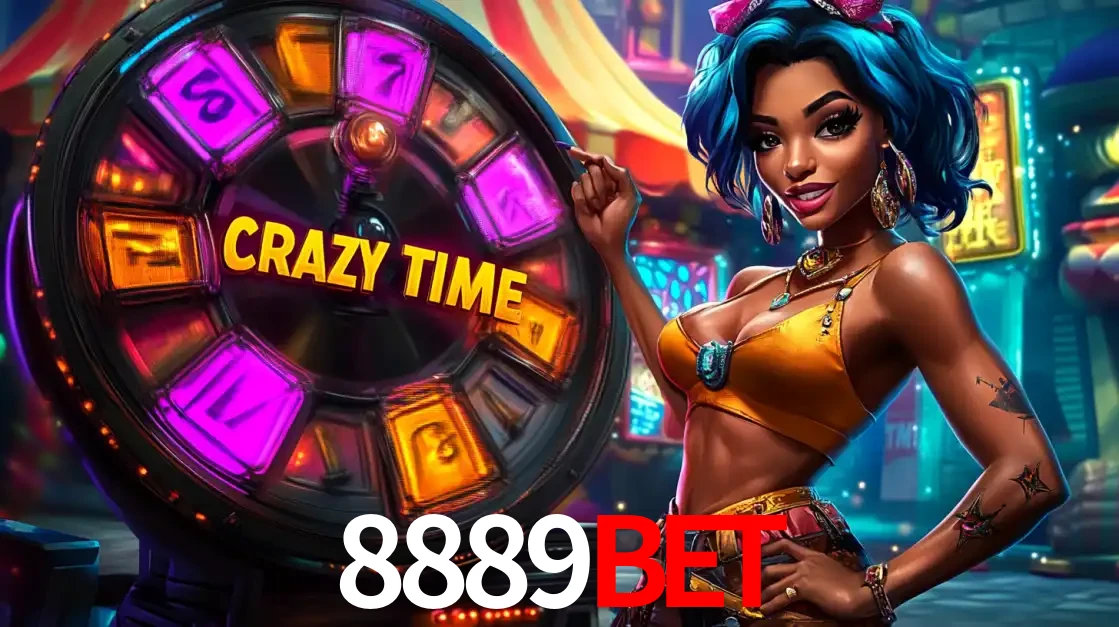 Mulher estilizada com cabelo azul e visual vibrante posando ao lado da roda de prêmios do game show Crazy Time, convidando para a diversão e os bônus do cassino 8889bet.