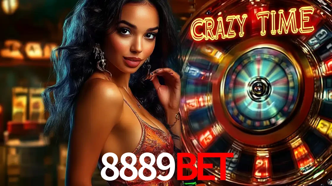 Mulher elegante ao lado da vibrante roda da fortuna do jogo de cassino ao vivo Crazy Time, um dos game shows mais populares e cheios de prêmios do 8889bet.