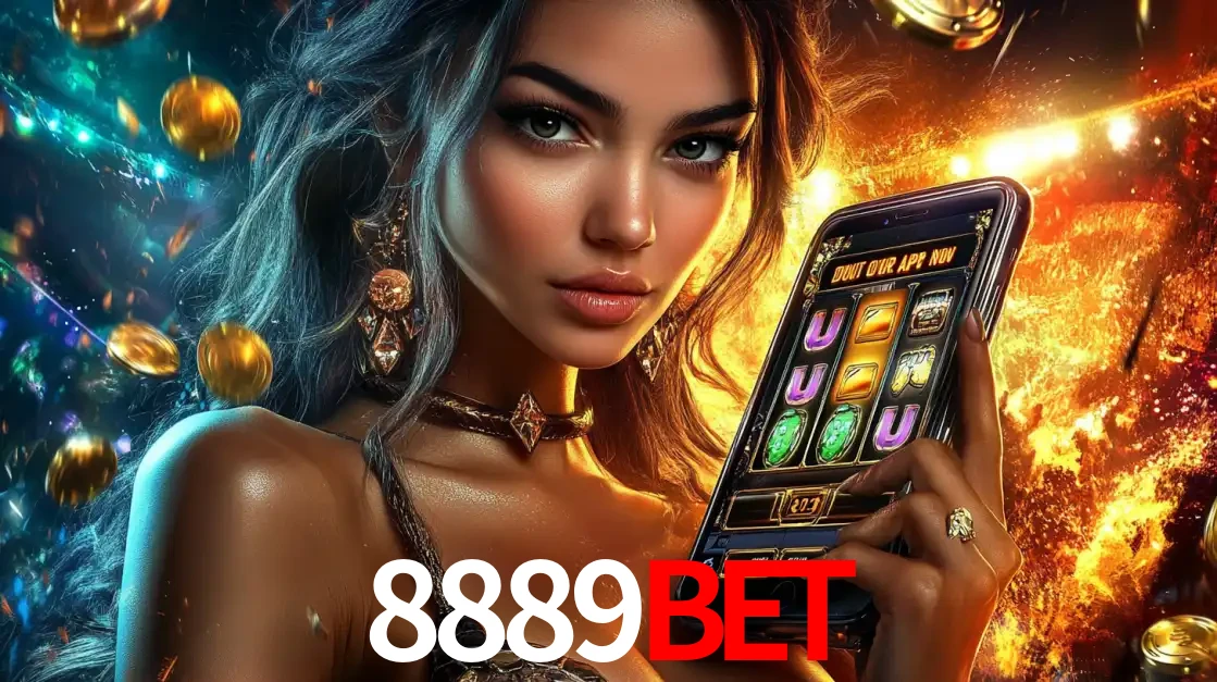 Mulher elegante mostrando um jogo de caça-níqueis em seu smartphone, destacando a experiência de cassino móvel oferecida pelo aplicativo 8889bet.