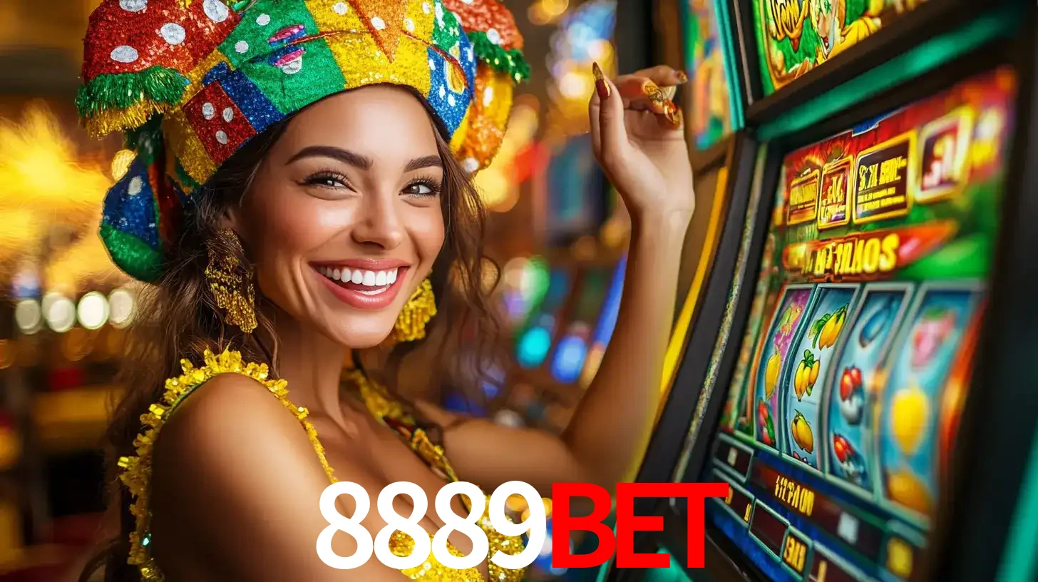 Mulher feliz com traje de carnaval amarelo e colorido ao lado de uma máquina de caça-níqueis, aproveitando a diversão e os jogos temáticos do cassino 8889bet.
